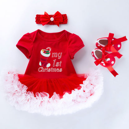 Baby Christmas New Short-sleeved Cartoon Mesh Dress Head Wear Two-piece Set